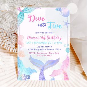 Mermaid 5th Birthday Dive To Five Party Invitation