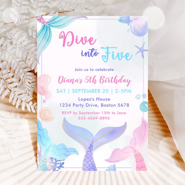 Mermaid 5th Birthday Dive To Five Party Invitation (Creator Uploaded)