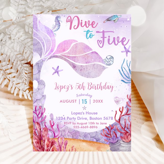 Mermaid 5th Birthday Dive To Five Party  Invitation (Creator Uploaded)