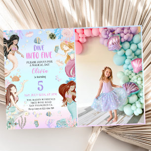 Mermaid 5th Birthday Dive To Five Party Photo Invitation