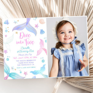 Mermaid 5th Birthday Dive To Five Party Photo Invitation