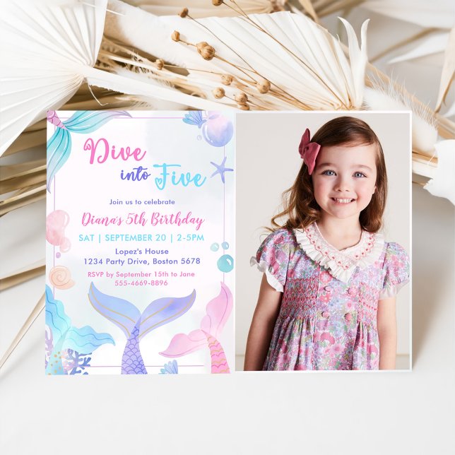 Mermaid 5th Birthday Dive To Five Party Photo Invitation (Creator Uploaded)
