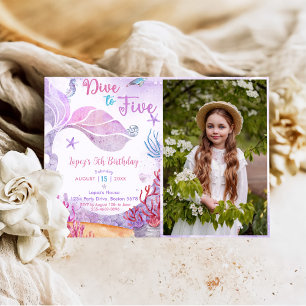Mermaid 5th Birthday Dive To Five Party Photo Invitation