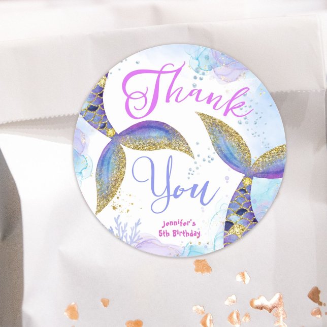 Mermaid 5th Birthday Girls Blue Gold Classic Round Sticker (Creator Uploaded)
