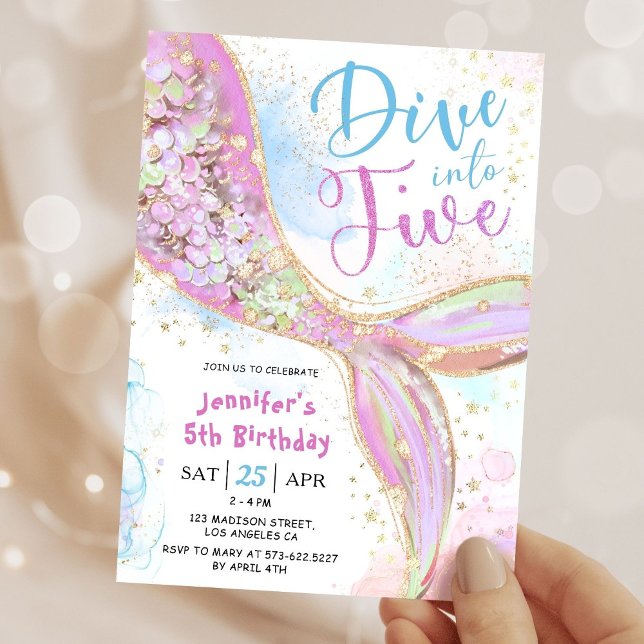 Mermaid 5th Birthday Party Pink Dive Into Five Invitation (Creator Uploaded)