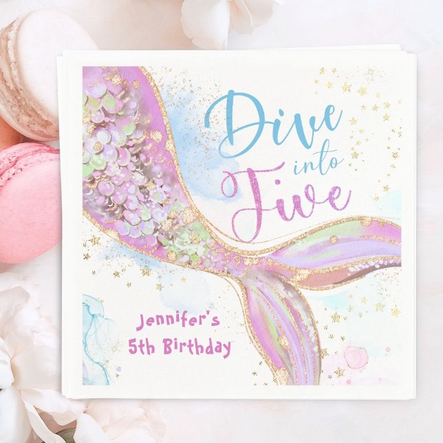 Mermaid 5th Birthday Purple Dive into Five Paper Napkin (Creator Uploaded)