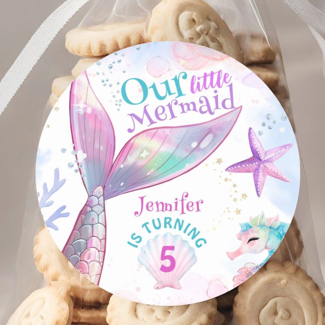 Mermaid 5th Birthday Under The Sea Pink Mermaid Classic Round Sticker (Creator Uploaded)