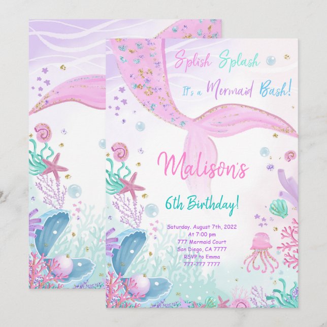 Mermaid 6th Birthday Kids Invitation (Front/Back)