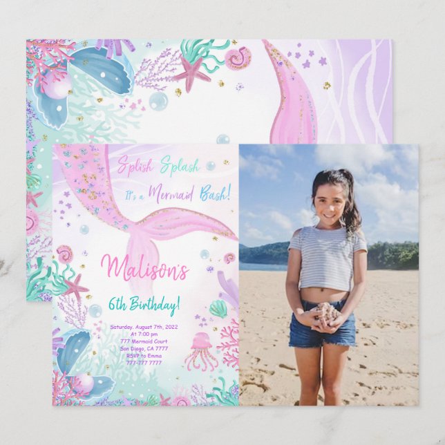 Mermaid 6th Birthday Kids Invitation With Photo (Front/Back)