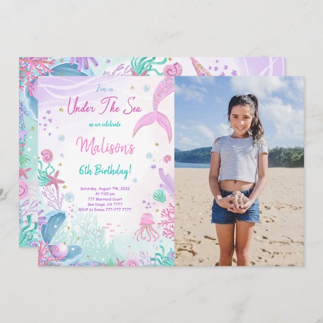 Mermaid 6th Birthday Photo Invitation (Front/Back)