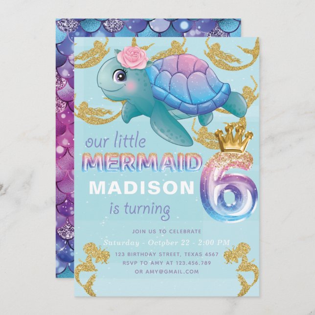 Mermaid 6th Birthday Pink Blue Gold Glitter Invitation (Front/Back)