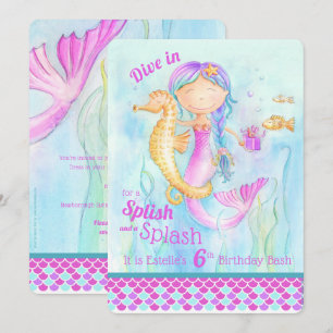 Mermaid 6th Birthday pool party art invitations