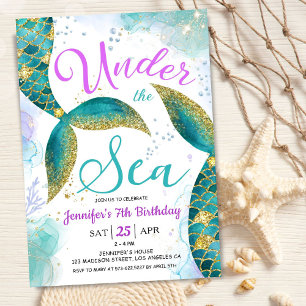 Mermaid 7th Birthday Girl Pink Teal Under the Sea Invitation