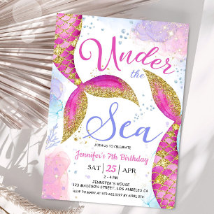 Mermaid 7th Birthday Girl Pink Under the Sea Invitation