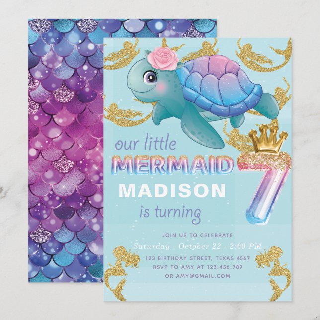 Mermaid 7th Birthday Pink Blue Gold Glitter Invitation (Front/Back)