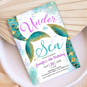 Mermaid 8th Birthday Girl Pink Teal Under the Sea Invitation