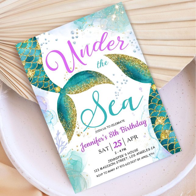 Mermaid 8th Birthday Girl Pink Teal Under the Sea Invitation (Creator Uploaded)