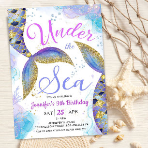 Mermaid 9th Birthday Girl Pink Gold Under the Sea Invitation