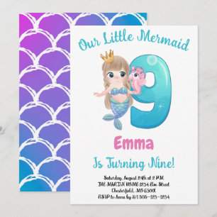 Mermaid 9th Birthday Party Invitation
