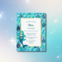 Mermaid 9th Birthday party invitation turquoise