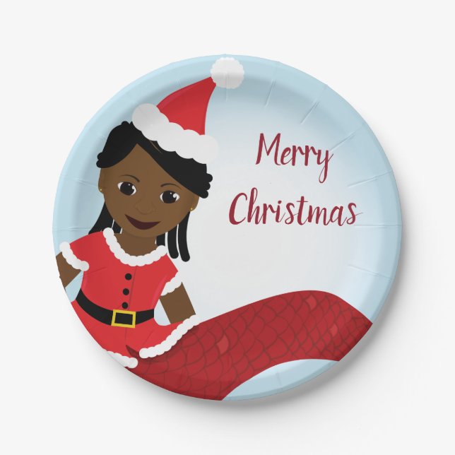 Mermaid African America Santa Outfit Paper Plate (Front)