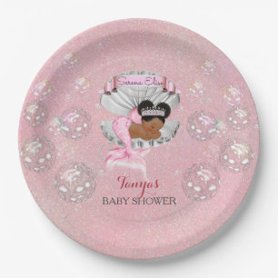 Mermaid African American Baby Pink Shell Pearls Paper Plate