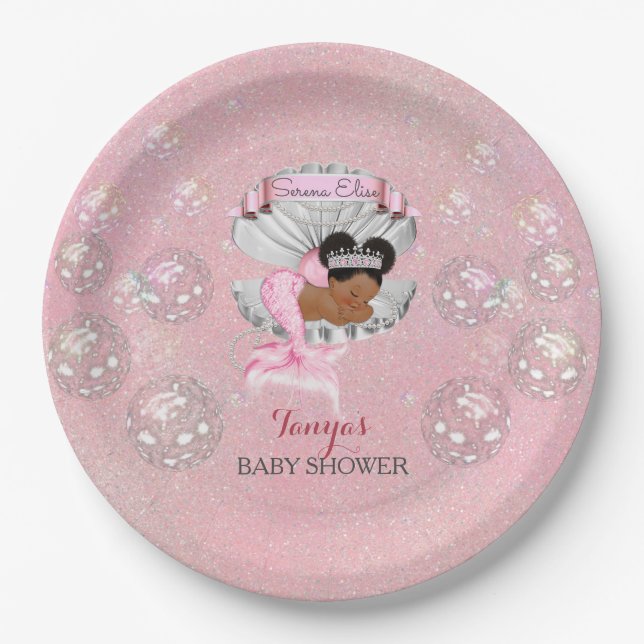 Mermaid African American Baby Pink Shell Pearls Paper Plate (Front)