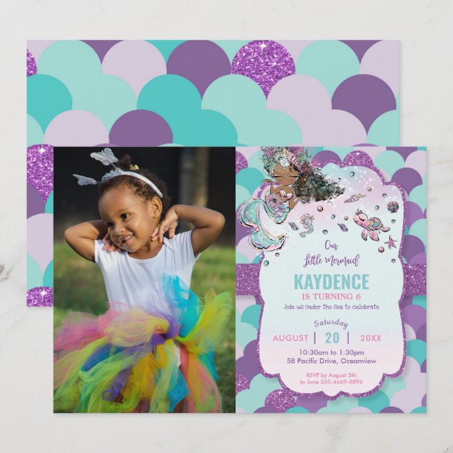 Mermaid African American Birthday Party Photo Invitation (Front/Back)
