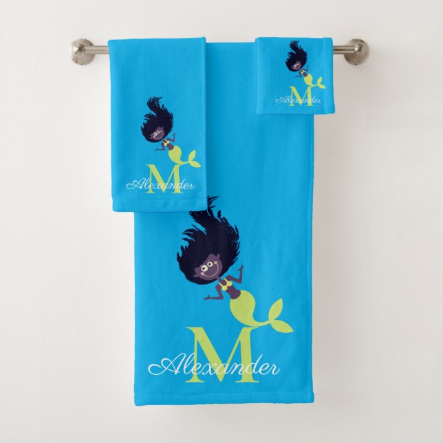 Mermaid African American Brown Black Girl  Bath To Bath Towel Set (Insitu)