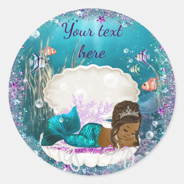 Mermaid African American Girl Baby Shower Stickers (Front)