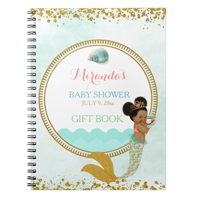 Mermaid African American Girl Peach Mint Gold Notebook (Front)