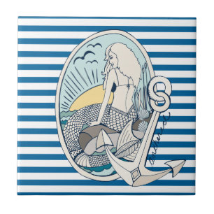 Mermaid and Anchor Blue and White Stripe Tile