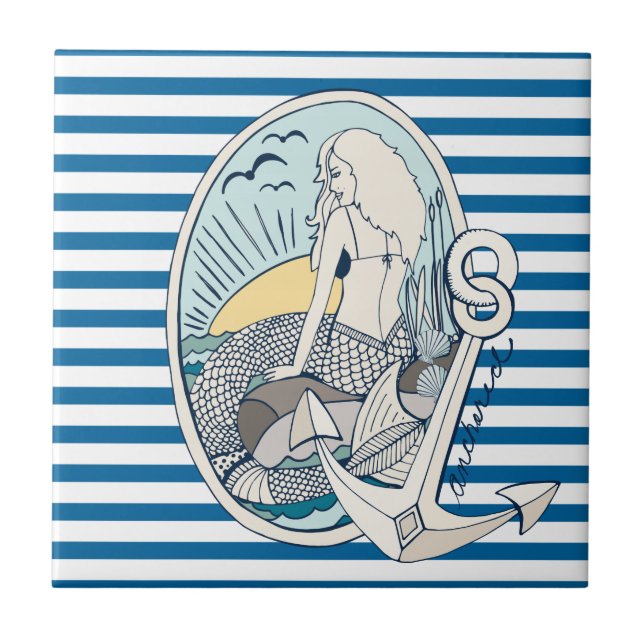 Mermaid and Anchor Blue and White Stripe Tile (Front)