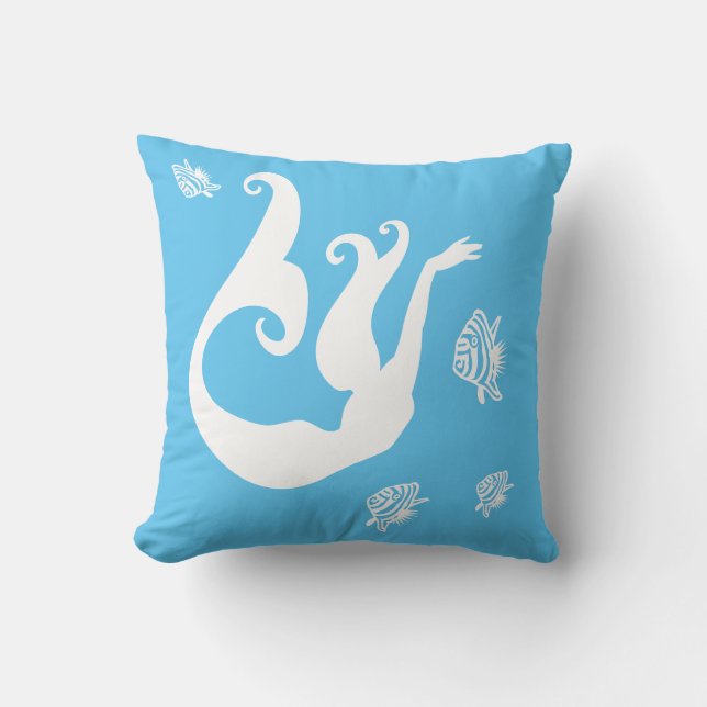 mermaid  and angel fish White on  blue pillow (Front)