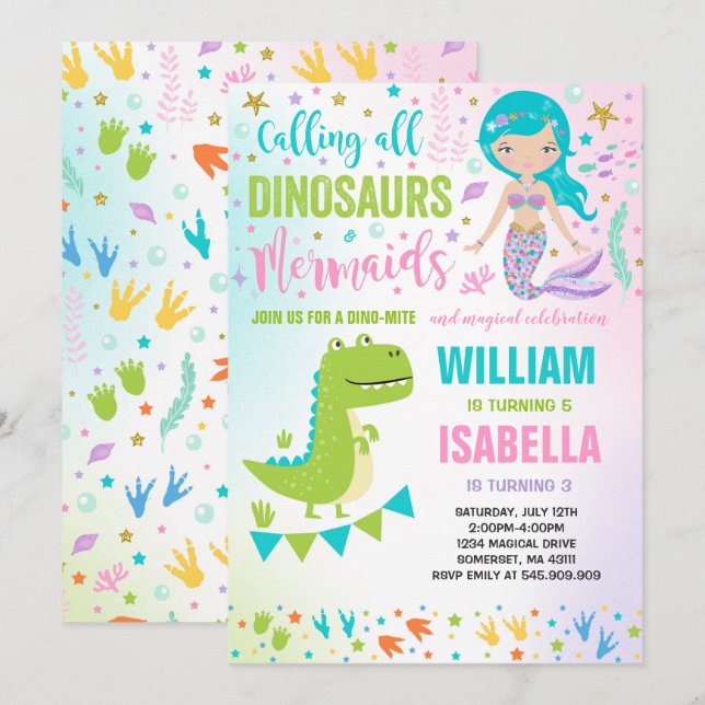 Mermaid And Dinosaur Birthday Invitation Magical (Front/Back)