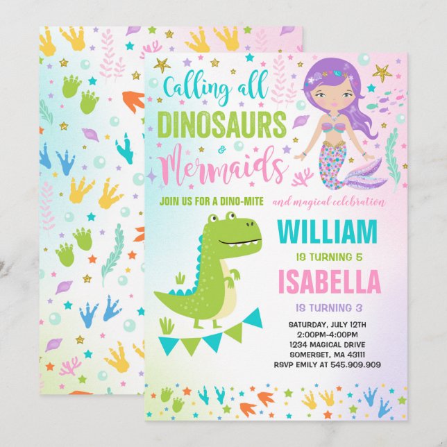 Mermaid And Dinosaur Birthday Invitation Magical (Front/Back)