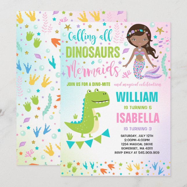 Mermaid And Dinosaur Birthday Invitation Magical (Front/Back)