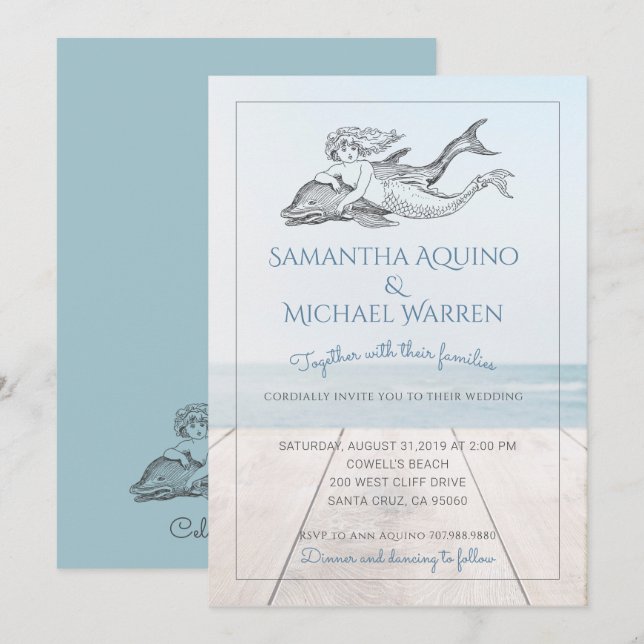 Mermaid And Dolphin Beach Wedding Invitation (Front/Back)