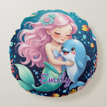 Mermaid and Dolphin Round Pillow – Custom Name