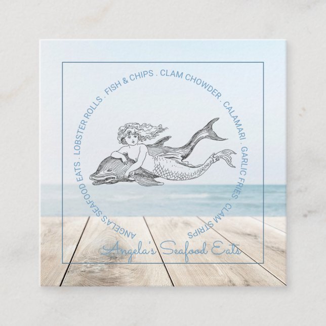 Mermaid And Dolphin Sea Food Truck Or Restaurant Square Business Card (Front)