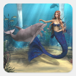 Mermaid and Dolphin Square Sticker