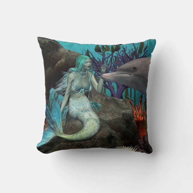 Mermaid and Dolphin Under the Sea Cushion (Front)