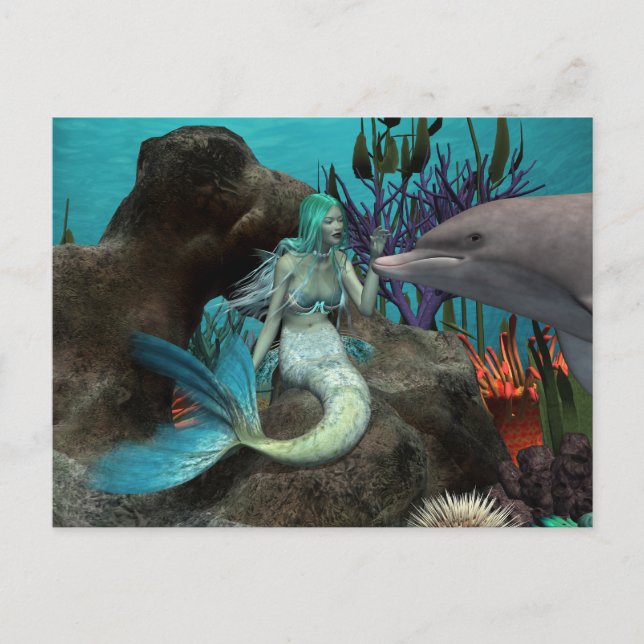 Mermaid and Dolphin Under the Sea Postcard (Front)