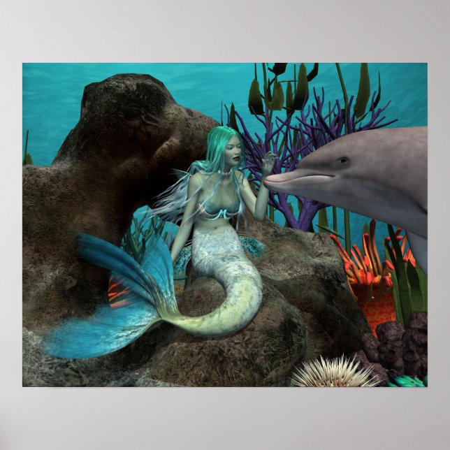 Mermaid and Dolphin Under the Sea Poster (Front)