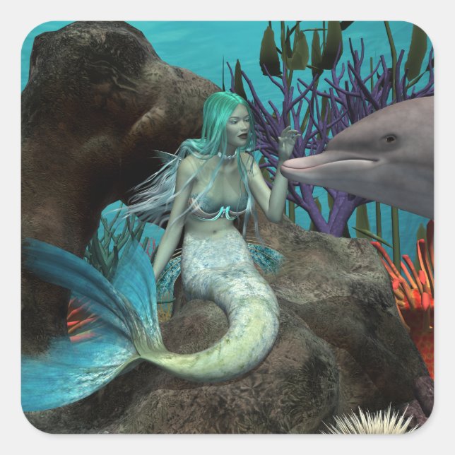 Mermaid and Dolphin Under the Sea Square Sticker (Front)