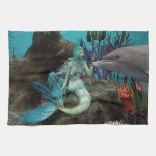 Mermaid and Dolphin Under the Sea Tea Towel