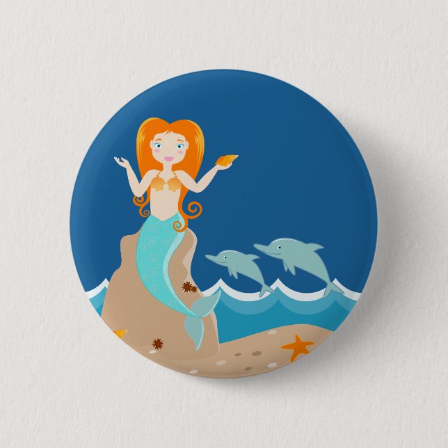 Mermaid and dolphins birthday party 6 cm round badge (Front)