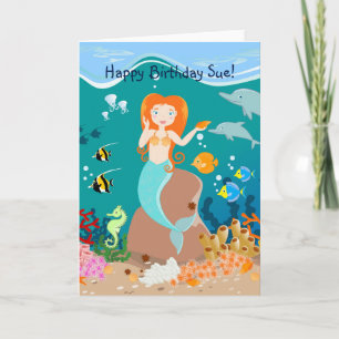 Mermaid and dolphins birthday party card