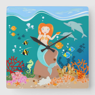 Mermaid and dolphins birthday party square wall clock