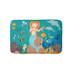 Mermaid and dolphins under the sea birthday party bath mat